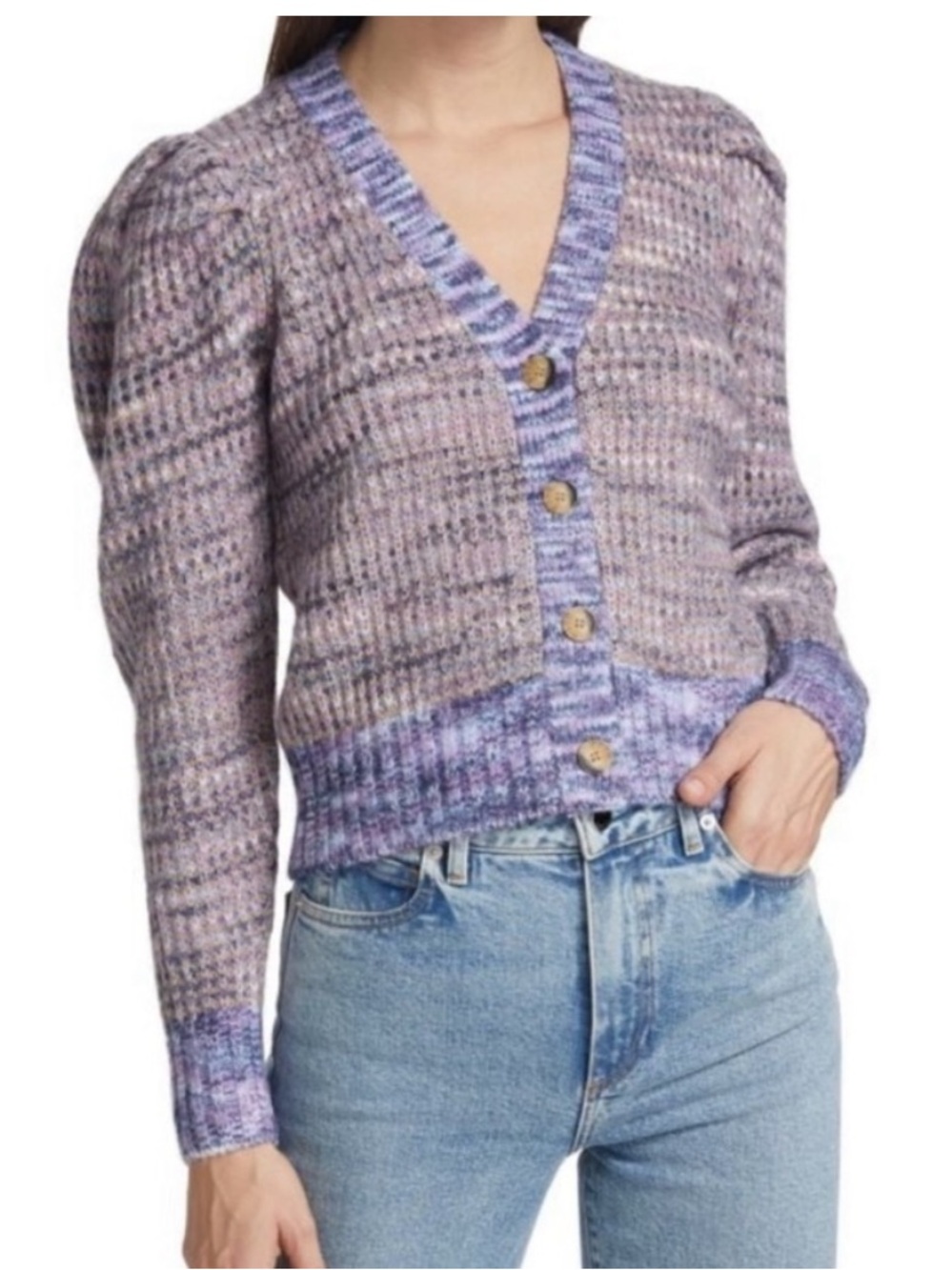 Design History Lavender Mixed-Knit V-Neck Button Cardigan